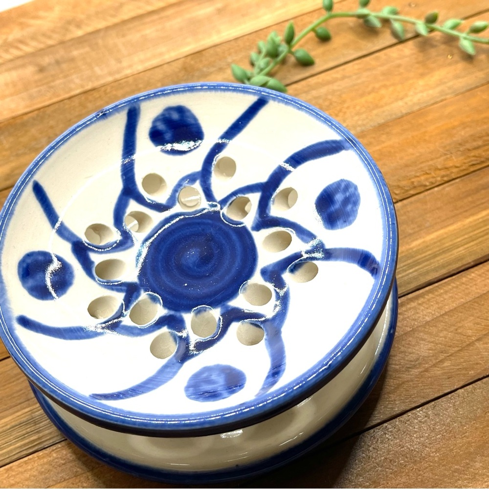 Handmade Blue and White Berry Bowl | Ceramic Fruit Colander with Drain Holes